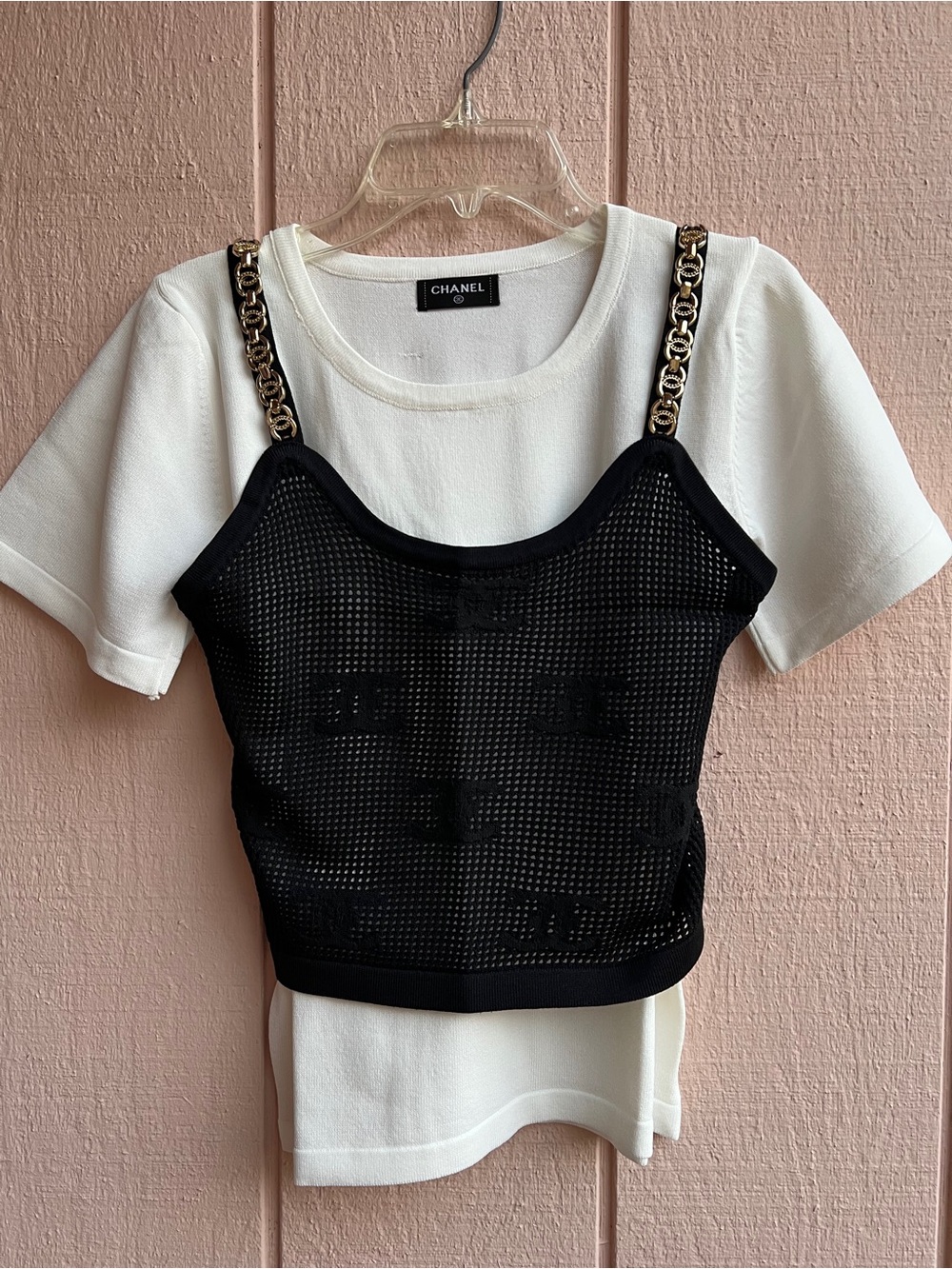 CHANEL White Knit Tee with Black Mesh Overlay Top